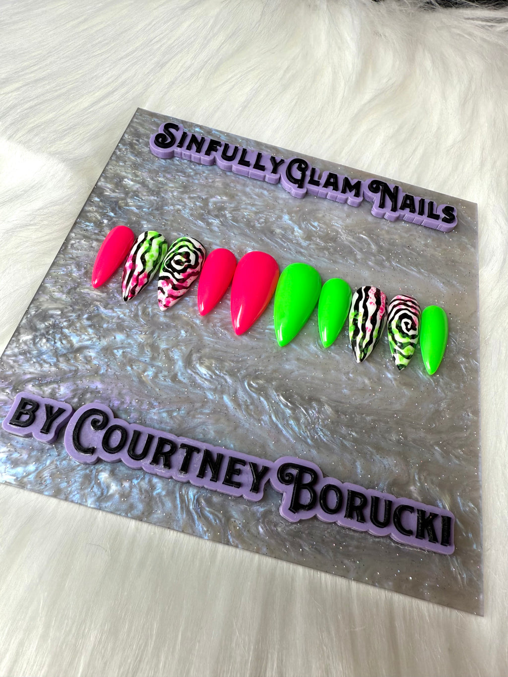 Neon Pink & Green Swirlies Press On Nails *PLEASE READ FULL DESCRIPTION*